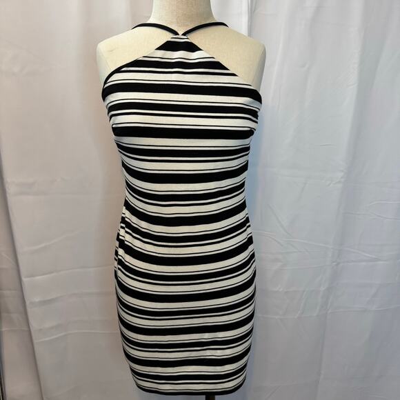 Forever 21 Striped Halter Bodycon DressMini Black/White Sz L - Picture 2 of 7